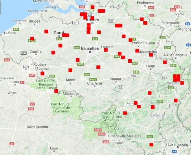 Carte des observations de l'Elanion blanc en Belgique. Carte extraite d’observations.be.