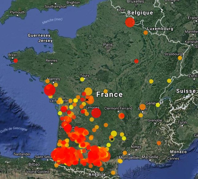 Répartition de l'Elanion blanc en France entre le 1er juillet 2017 et le 25 janvier 2018. En rouge, les localités visitées les plus récentes. Carte issue de Faune-France.